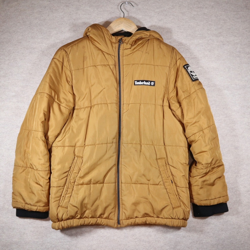 Timberland Boys Puffer Jacket L 14-16 Wheat Tan Hooded Quilted Coat Gorpcore Y2K